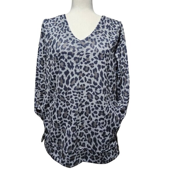 Ellen Tracy Womens Gray Animal Print VNeck Long Sleeve Warm Top Blouse Sweater M - Picture 1 of 15